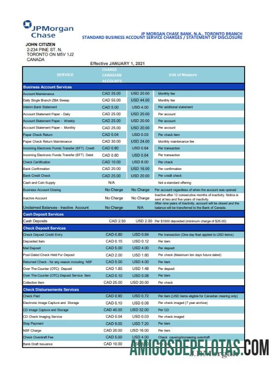 Modelo de extrato bancário do JP Morgan Chase para impressão nos EUA em formato de arquivo .xls e .pdf